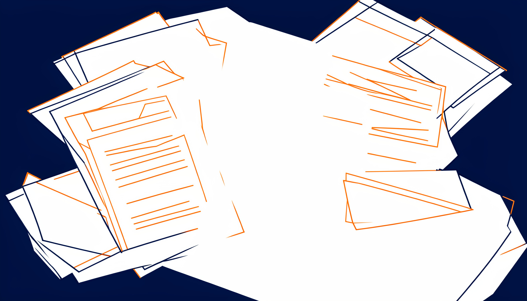 A calm abstract circular illustration in deep navy and soft white suggesting orderly documents and official forms