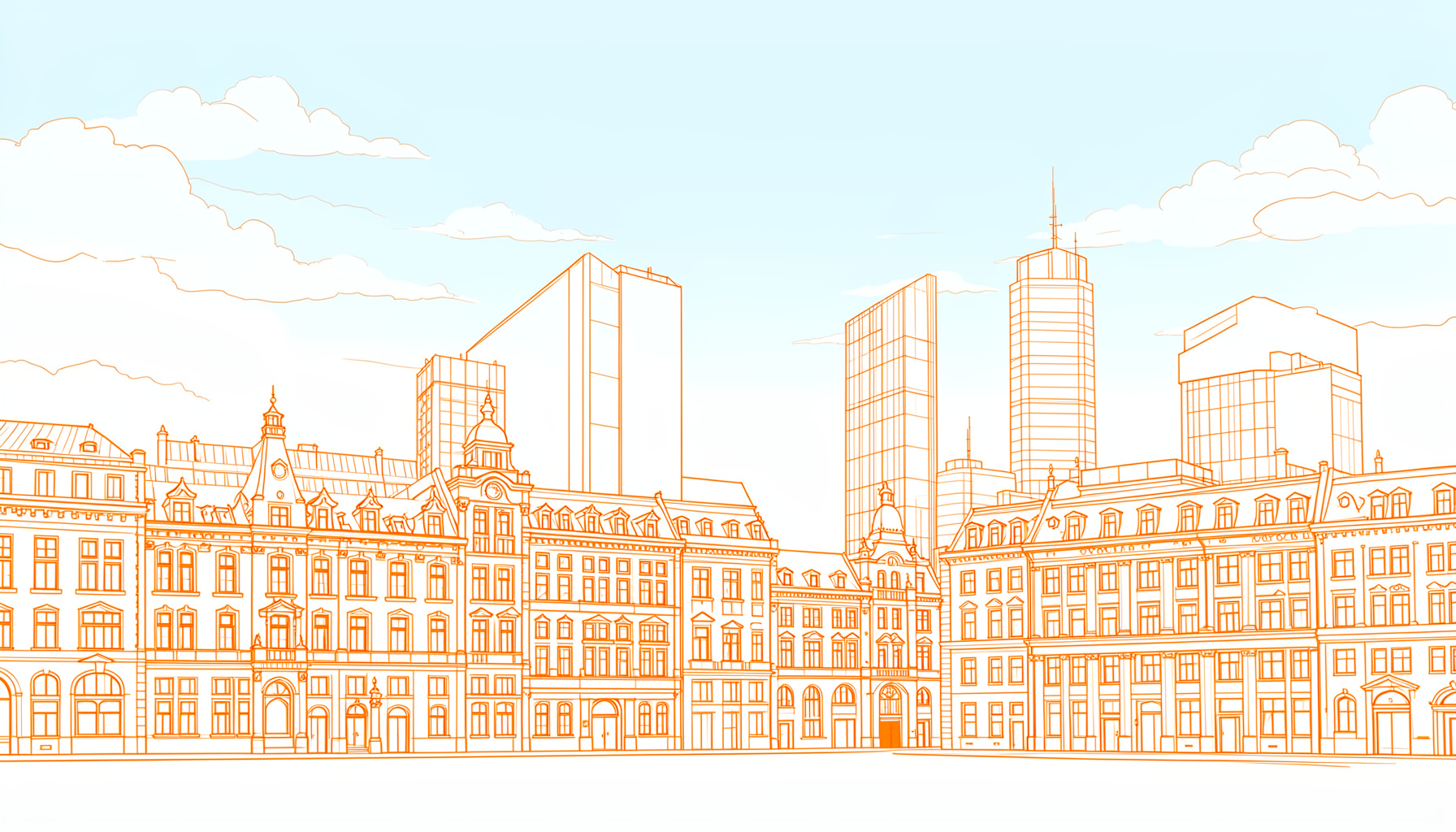 A wide panoramic view of a calm European city skyline mixing red-brick historic buildings and glass office towers along a waterfront, in warm amber and soft blue tones
