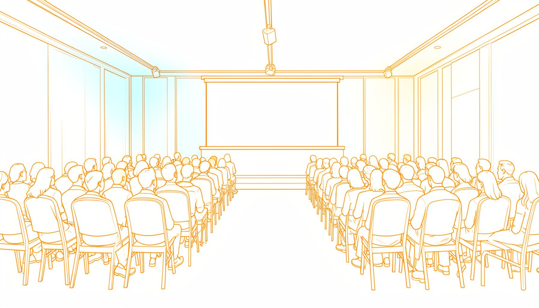 A spacious conference hall with soft blue and amber lighting, rows of chairs facing a screen, suggesting community and knowledge-sharing